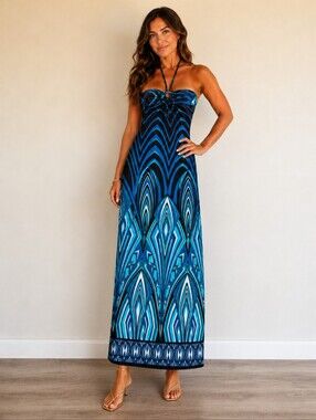 Blue And Brown Geometric Halter Maxi Dress Size L